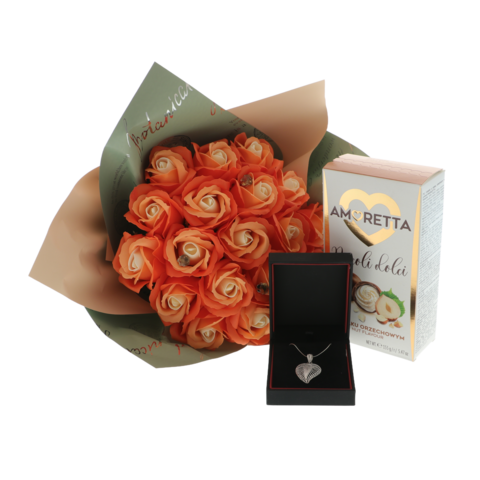 Set cadou Femei cu Bijuterie Argint 925 Inimă, buchet 19 Trandafiri și Praline