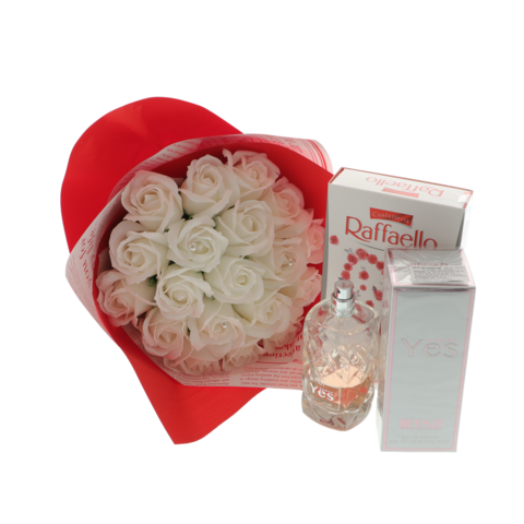 Set Cadou Femei cu Buchet de Trandafiri Albi, Parfum Yes Woman și Praline Raffaello