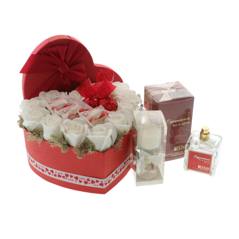 Set Cadou Femei „Dragoste” cu Parfum – Aranjament Floral cu Trandafiri de Săpun, Ciocolată și Lumânare