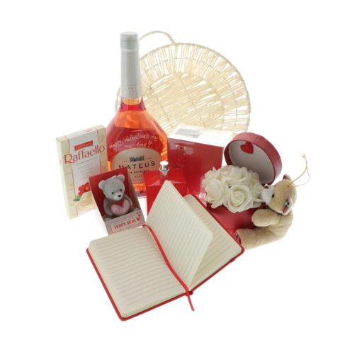 Set cadou femei Valentine's cu trandafiri, parfum si ursulet