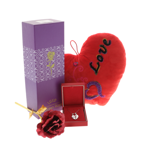 Love Ajándékcsomag Fém Rózsával, Ezüst Nyaklánccal és Szív Párnával