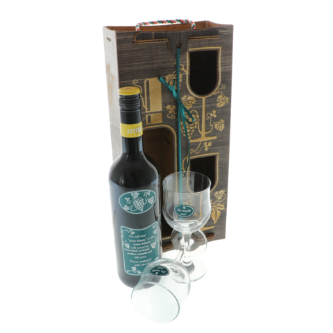Set cadou Momentul Potrivit vin personalizat si pahare cutie lemn