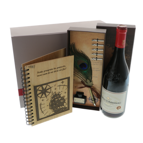 Set Cadou „Scrie-ți Povestea” cu Agendă din Bambus, Stilou cu Pană și Vin Francez