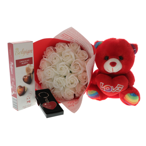 Set cadou Te Iubesc cu Ursuleț, Buchet Trandafiri, Breloc inima si Praline