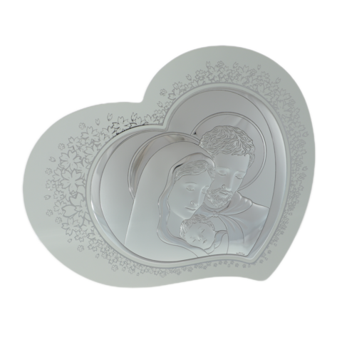 Sfânta Familie cu argint pe inimă lemn 38x31cm