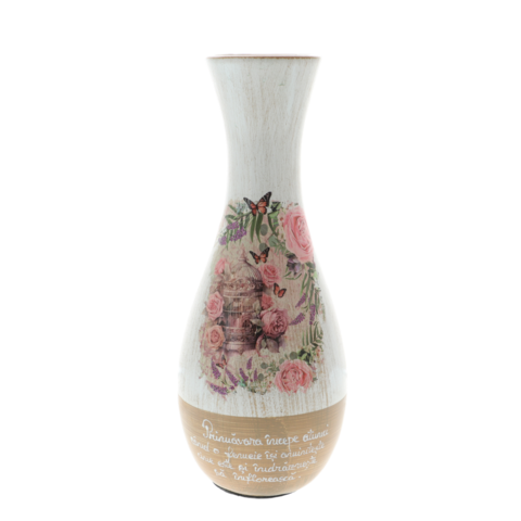 Rózsaszín virágokkal és pillangókkal festett váza Tavasz kezdődik 29cm