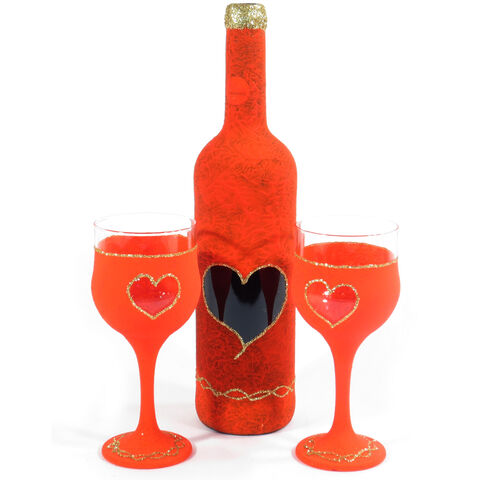 Wine Bottle with Glasses Red Heart